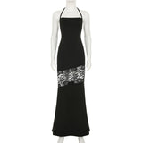 Square neck self tie halter lace slit maxi dress