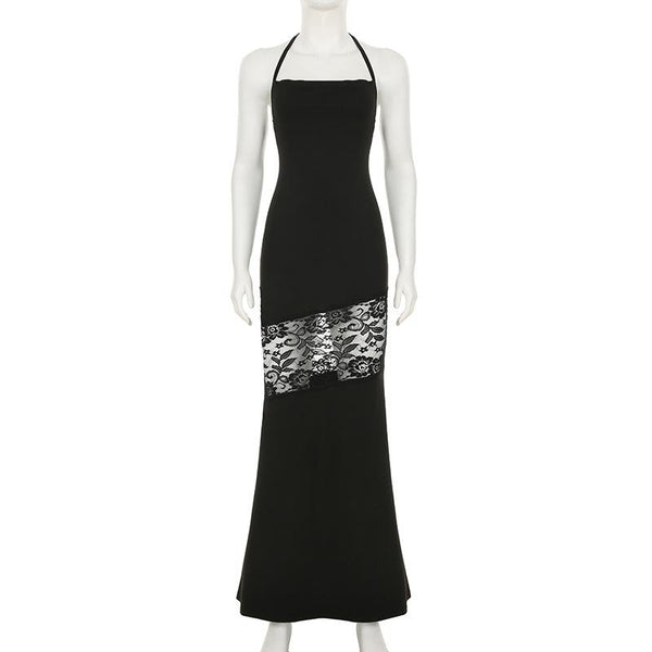 Robe longue fendue en dentelle à col carré et à nouer soi-même 