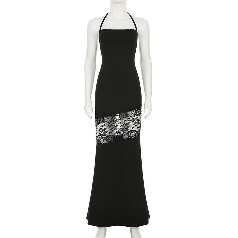 Square neck self tie halter lace slit maxi dress
