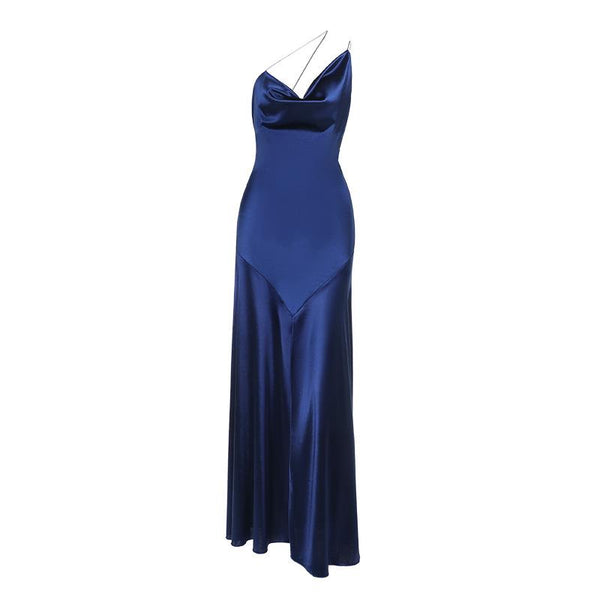 Robe longue à col bénitier irrégulier et bretelles spaghetti à nouer soi-même 