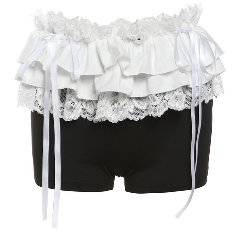 Pantalón corto con lazo fruncido y dobladillo de encaje 