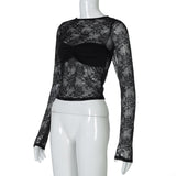Long sleeve lace see through crewneck ruched top