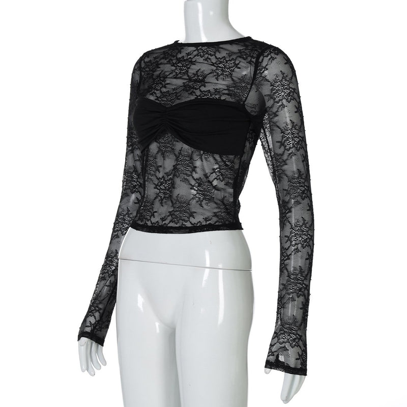 Long sleeve lace see through crewneck ruched top