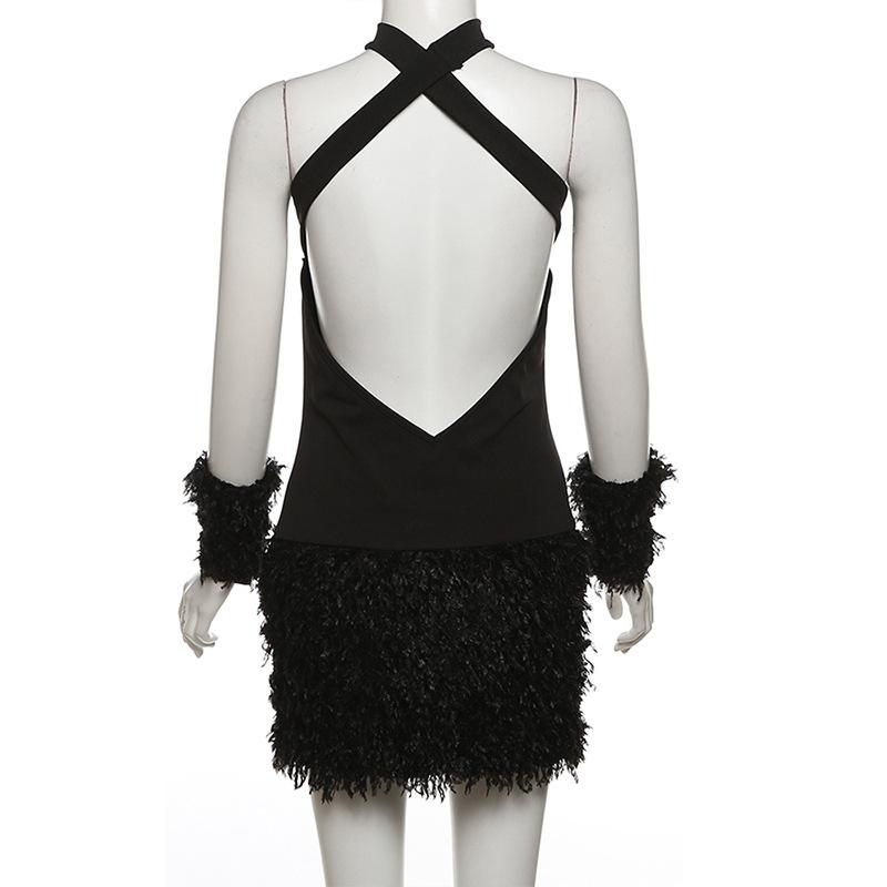 Vestido mini de tubo liso con cuello halter, esponjoso y espalda cruzada 