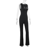 Lace hem deep V neck sleeveless solid jumpsuit
