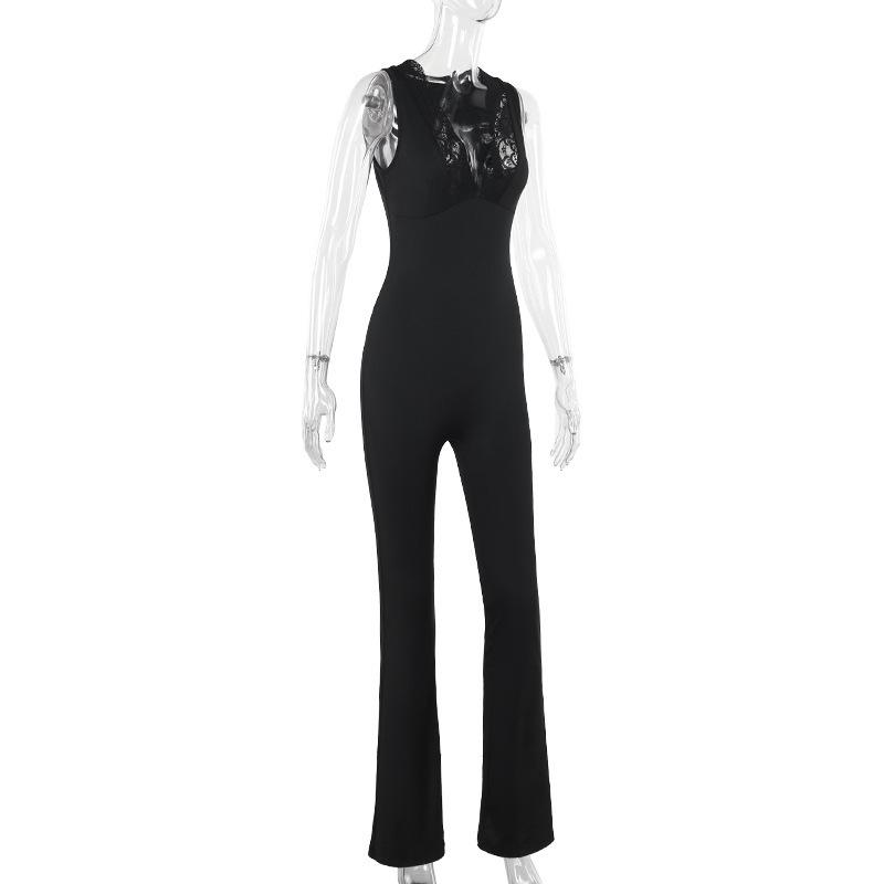 Lace hem deep V neck sleeveless solid jumpsuit