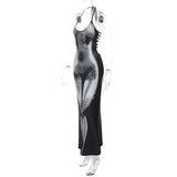 Robe longue à col en U et à nouer soi-même, imprimée sur le corps, avec anneau en O 