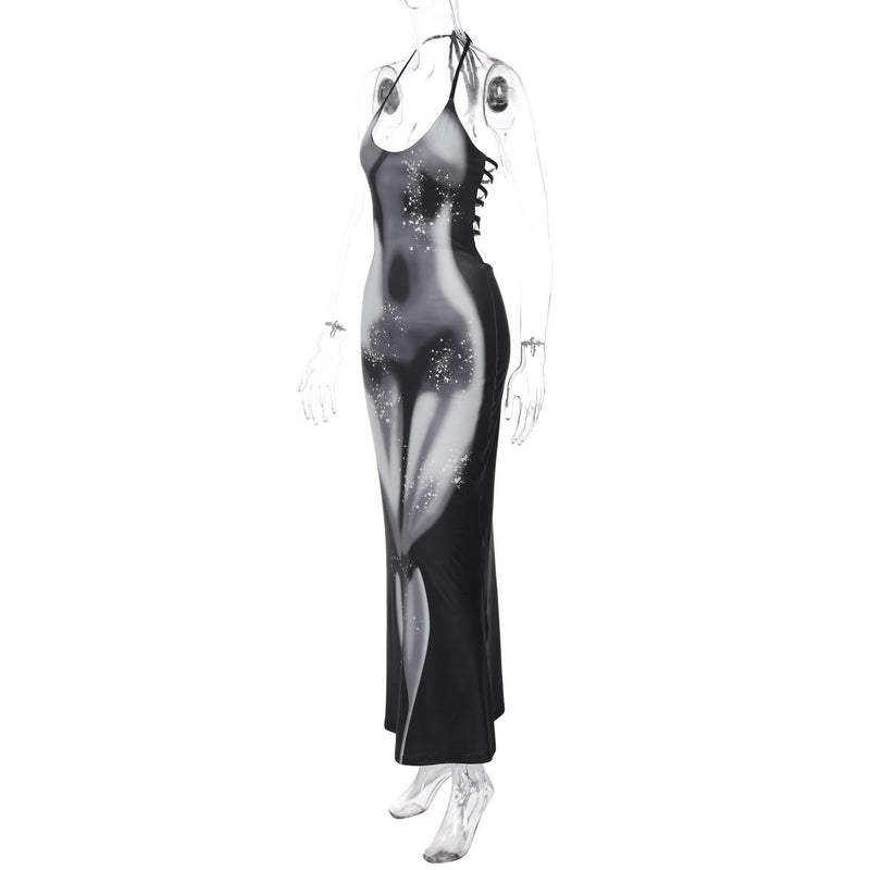 Robe longue à col en U et à nouer soi-même, imprimée sur le corps, avec anneau en O 