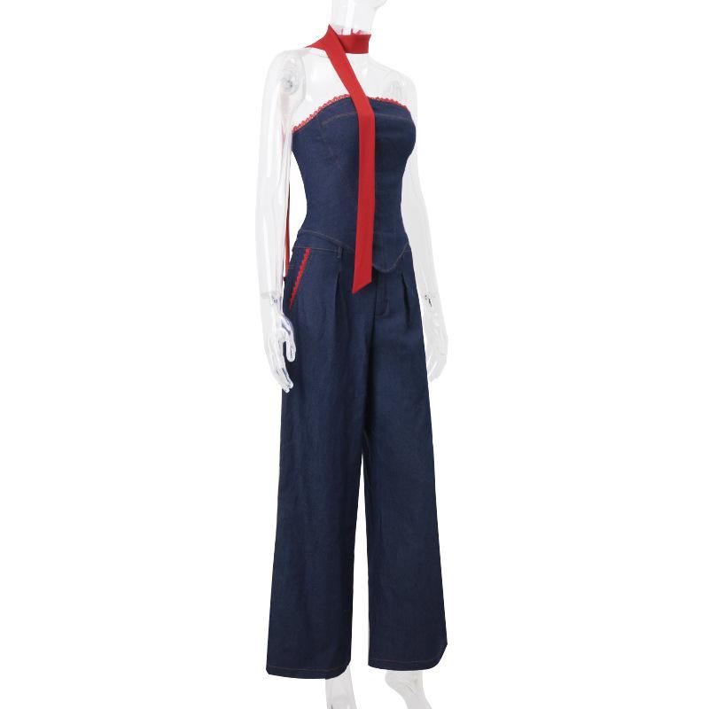 Jean large froncé avec ourlet en dentelle et poches boutonnées 