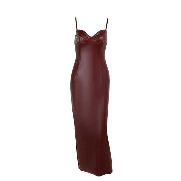 Vestido midi camisola de piel sintética con escote en V, abertura, cremallera y espalda descubierta 