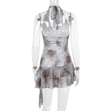 Self tie halter snakeskin print ruffle ruched mini dress