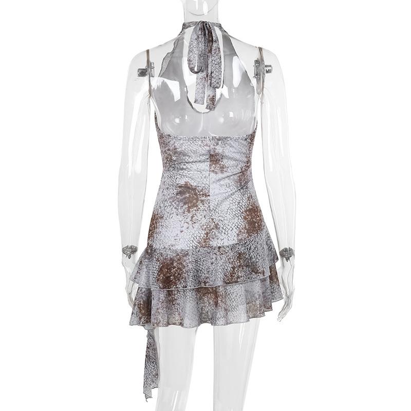 Self tie halter snakeskin print ruffle ruched mini dress