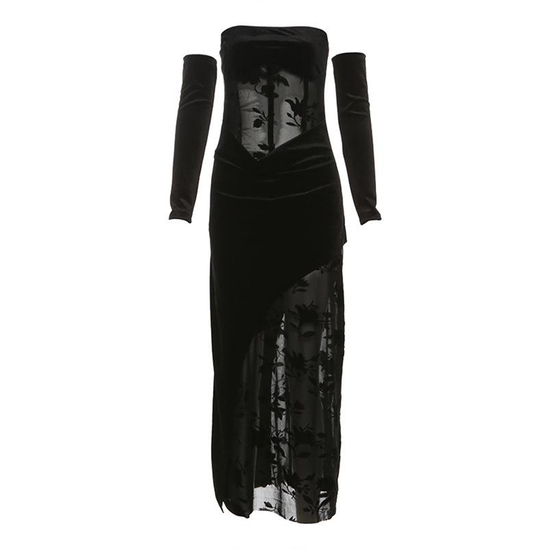 Robe longue tube à imprimé floral en maille de velours avec gants 