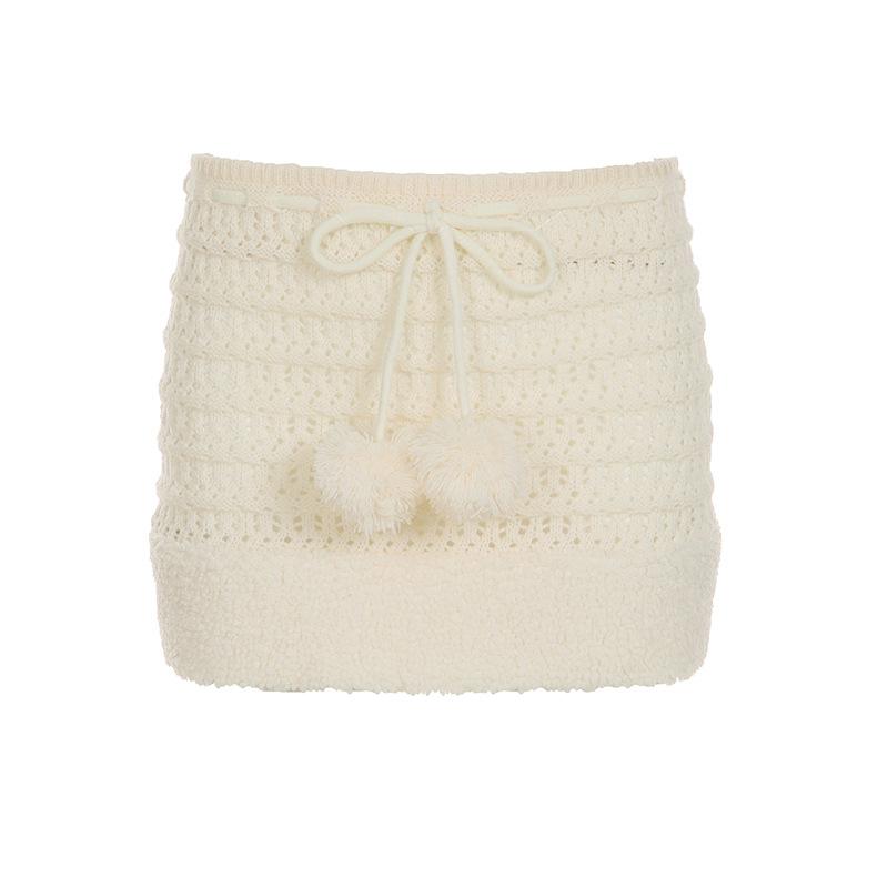 Hollow out drawstring fluffy self tie solid mini skirt