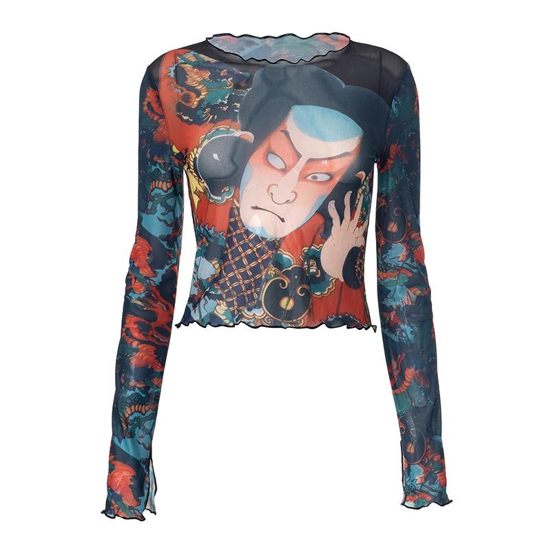 Top de cuello redondo de malla transparente con volantes y estampado de manga larga 