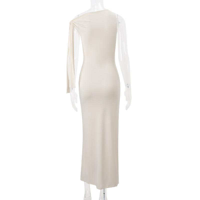 Vestido largo liso con un solo hombro irregular y lazo anudado 
