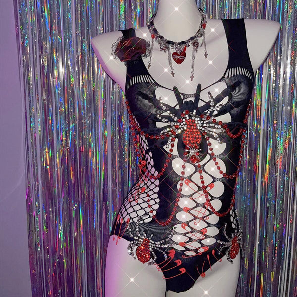 Body à col en U avec appliques en perles ajourées en forme d'araignée 