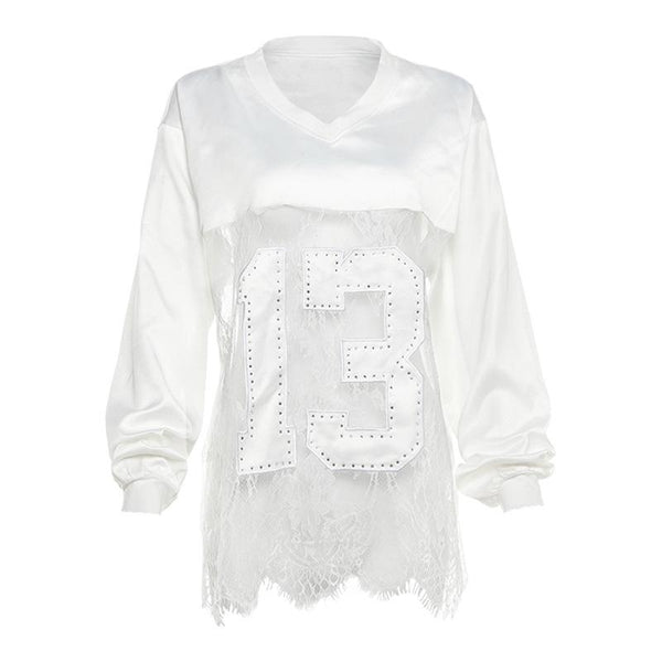 Top transparente con dobladillo de encaje y manga larga con cuello en V 