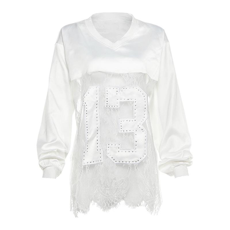 Top transparente con dobladillo de encaje y manga larga con cuello en V 