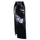 Hollow out high slit metallic zip-up maxi skirt