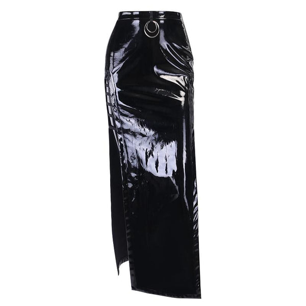 Hollow out high slit metallic zip-up maxi skirt