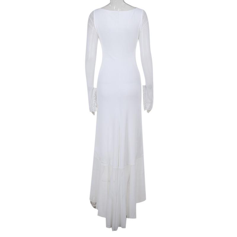 Robe longue en maille à volants et manches longues ajourées 