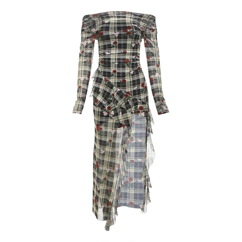 Vestido midi con volantes, estampado floral y hombros descubiertos de manga larga 