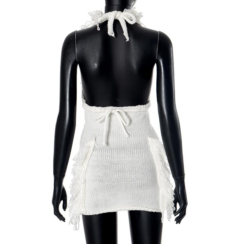 Halter self tie tassels knitted backless mini dress