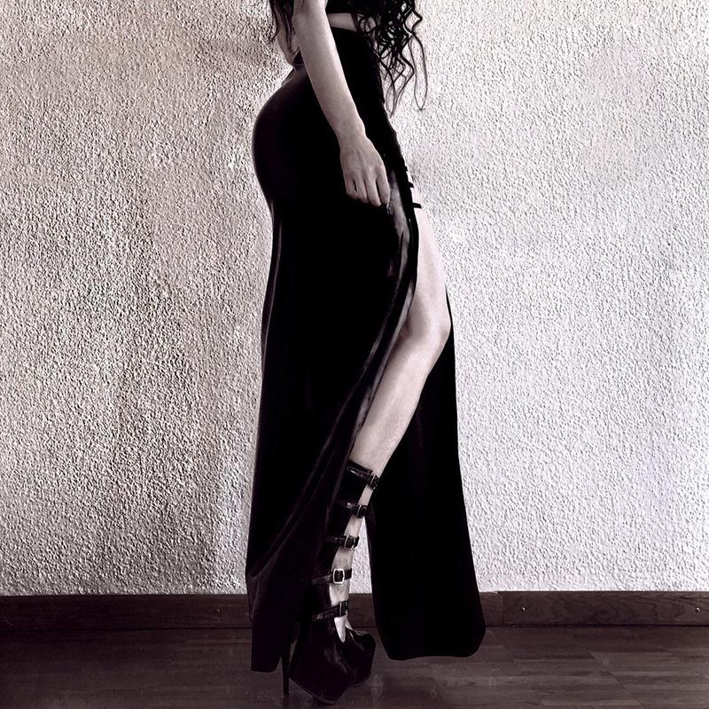 Hollow out high slit metallic zip-up maxi skirt