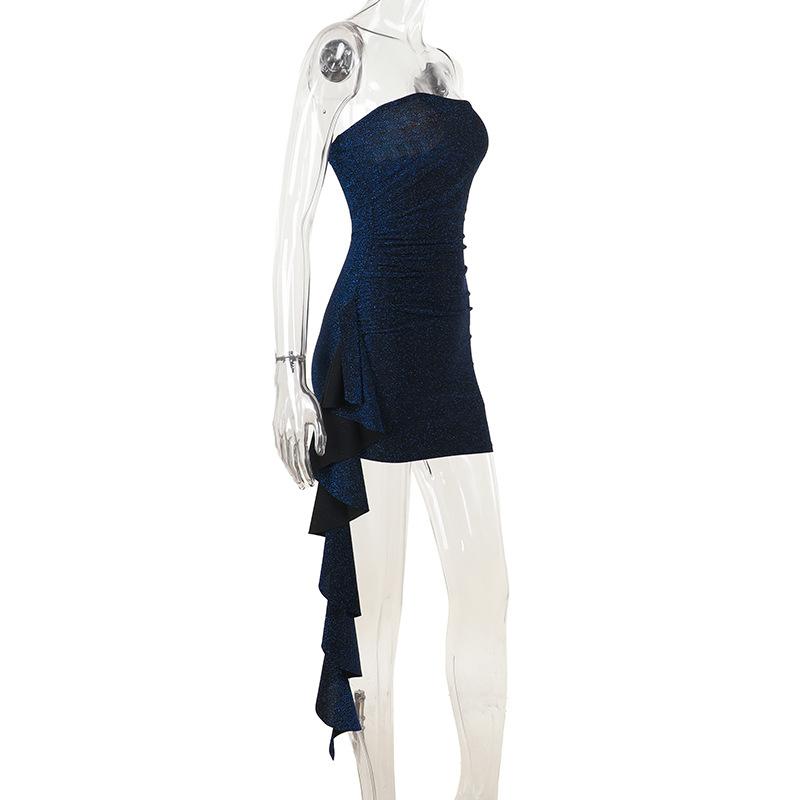 Ruched ruffle irregular backless tube mini dress