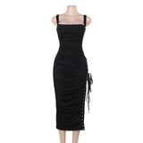 Vestido midi fruncido con escote cuadrado, cordones y aberturas 