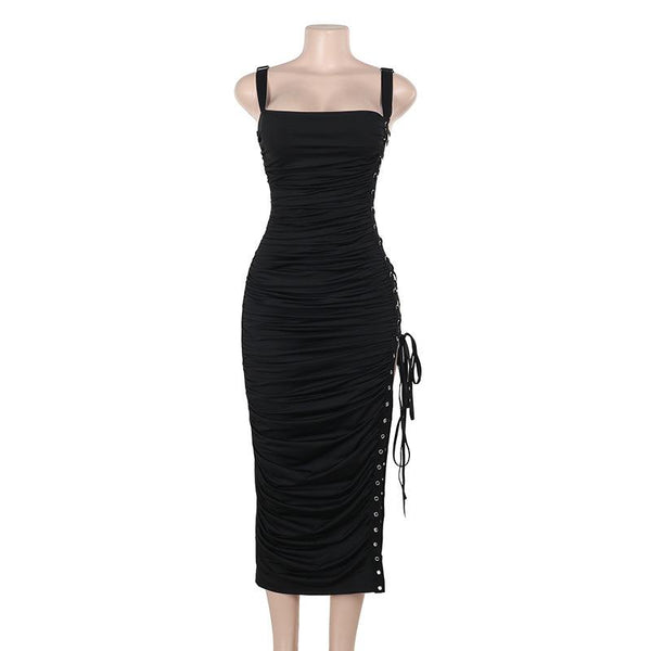 Square neck lace up ruched hollow out midi dress