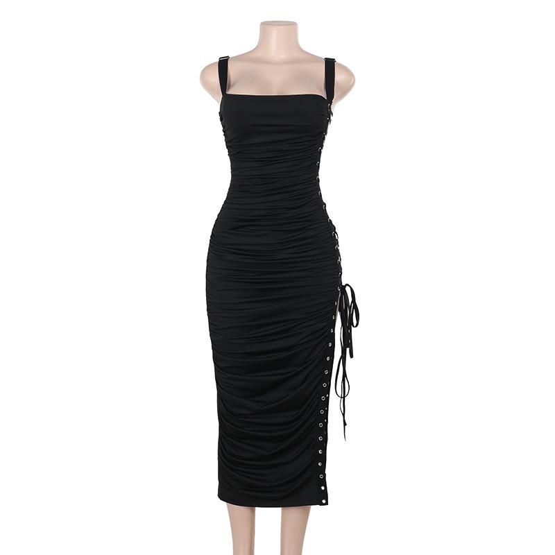 Vestido midi fruncido con escote cuadrado, cordones y aberturas 