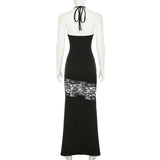 Square neck self tie halter lace slit maxi dress