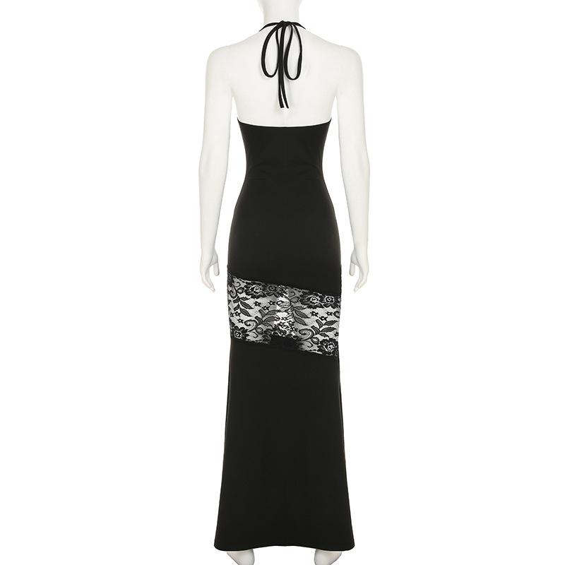 Square neck self tie halter lace slit maxi dress