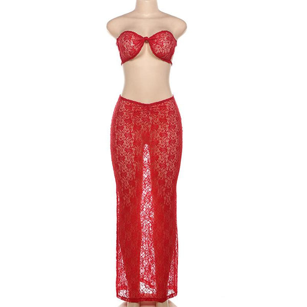 Self tie lace ruched knotted see through maxi skirt set