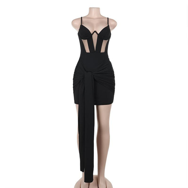 Ruched mesh backless cami mini dress