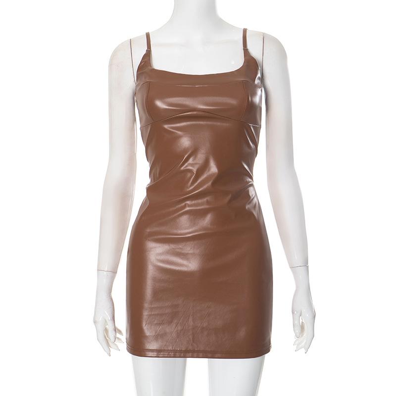 Mini-robe unie en cuir PU à col en U et fermeture éclair dans le dos 