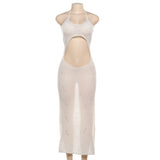 Self tie halter hollow out see through knitted maxi dress