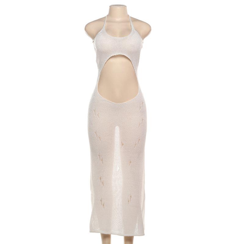 Self tie halter hollow out see through knitted maxi dress