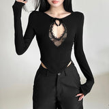 Long sleeve crewneck hollow out lace ribbed top