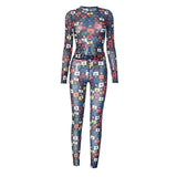 Sheer mesh long sleeve crewneck print jumpsuit