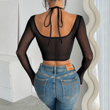 Long sleeve hollow out lace halter mesh top