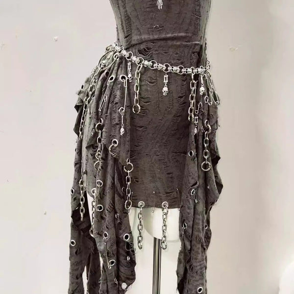 O ring hollow out skull applique metal chain mini dress