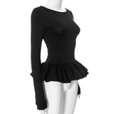 Top con volantes calados, cuello redondo y manga larga fruncida 