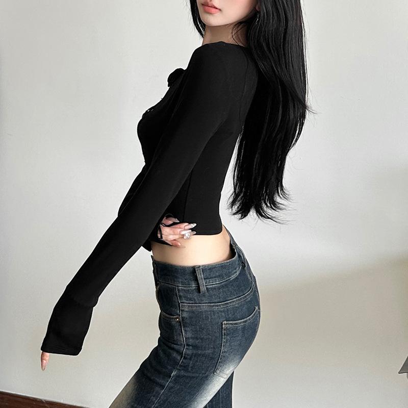 Long sleeve crewneck hollow out lace ribbed top
