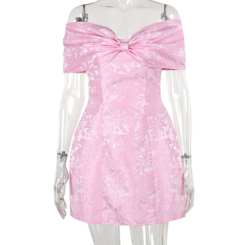 Off shoulder bowknot zip-up lace mini dress
