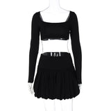 Conjunto de minifalda lisa con escote cuadrado y manga larga fruncida 