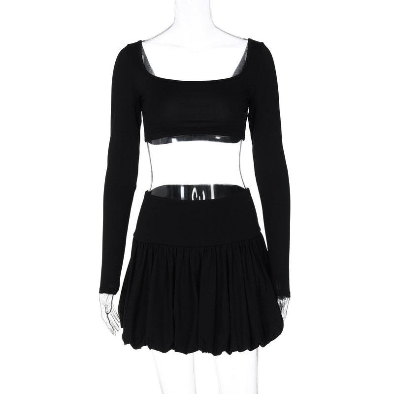 Conjunto de minifalda lisa con escote cuadrado y manga larga fruncida 