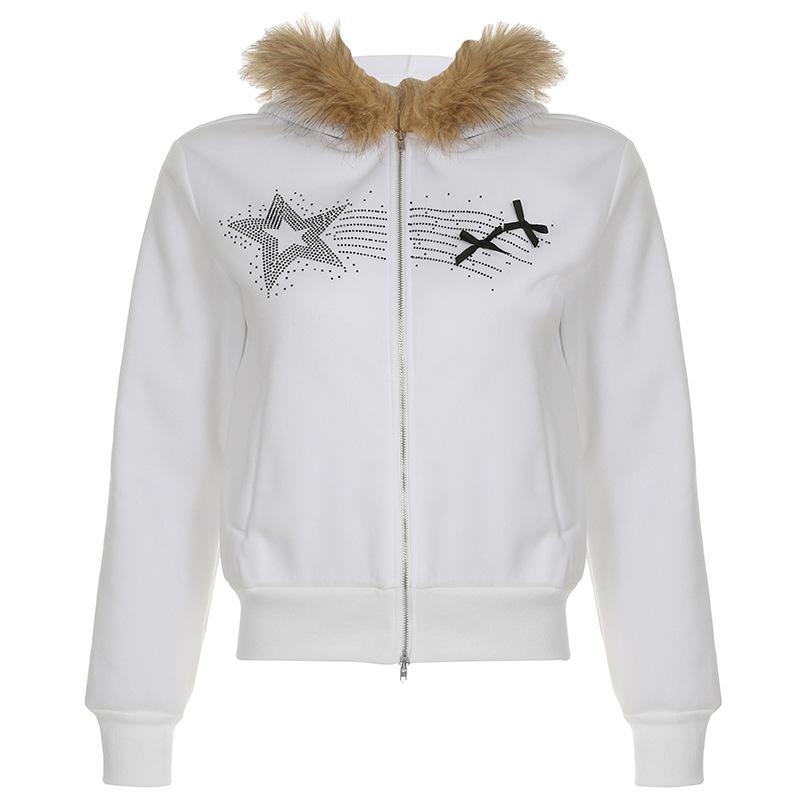 Sweat à capuche zippé et moelleux avec perles et nœud papillon, haut à manches longues 